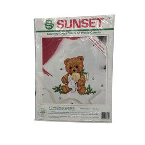 Sunset Cross Stitch Kit "A Christmas Cuddle"    Teddy Bear & Angel 8" x 17" Vtg